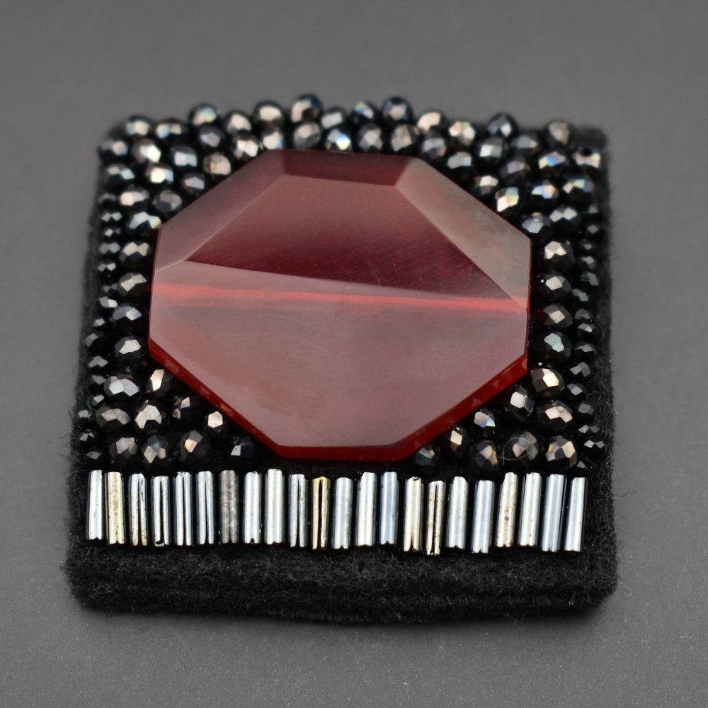 Black and red crystal brooch handmade, large square brooch pin for women